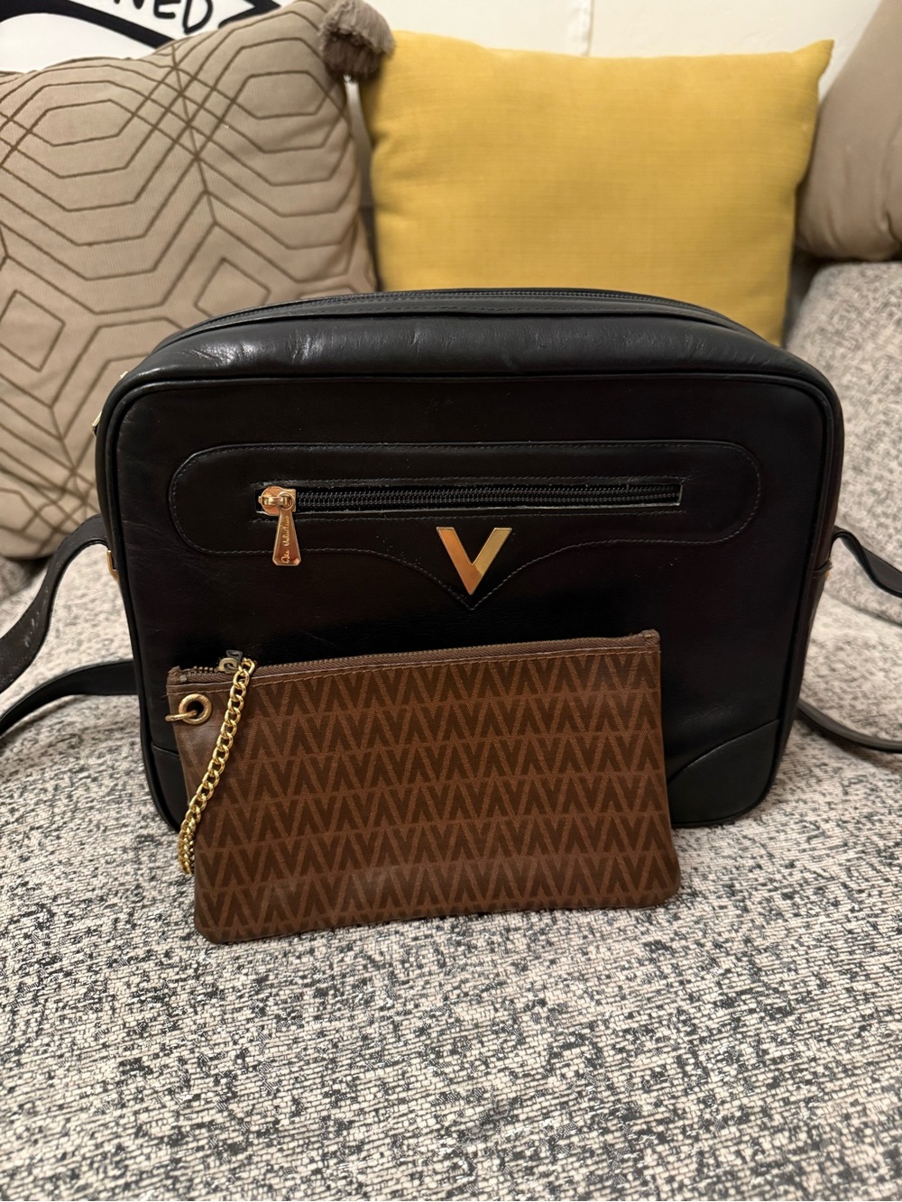 Mario Valentino black leather shoulder bag w/ pouch